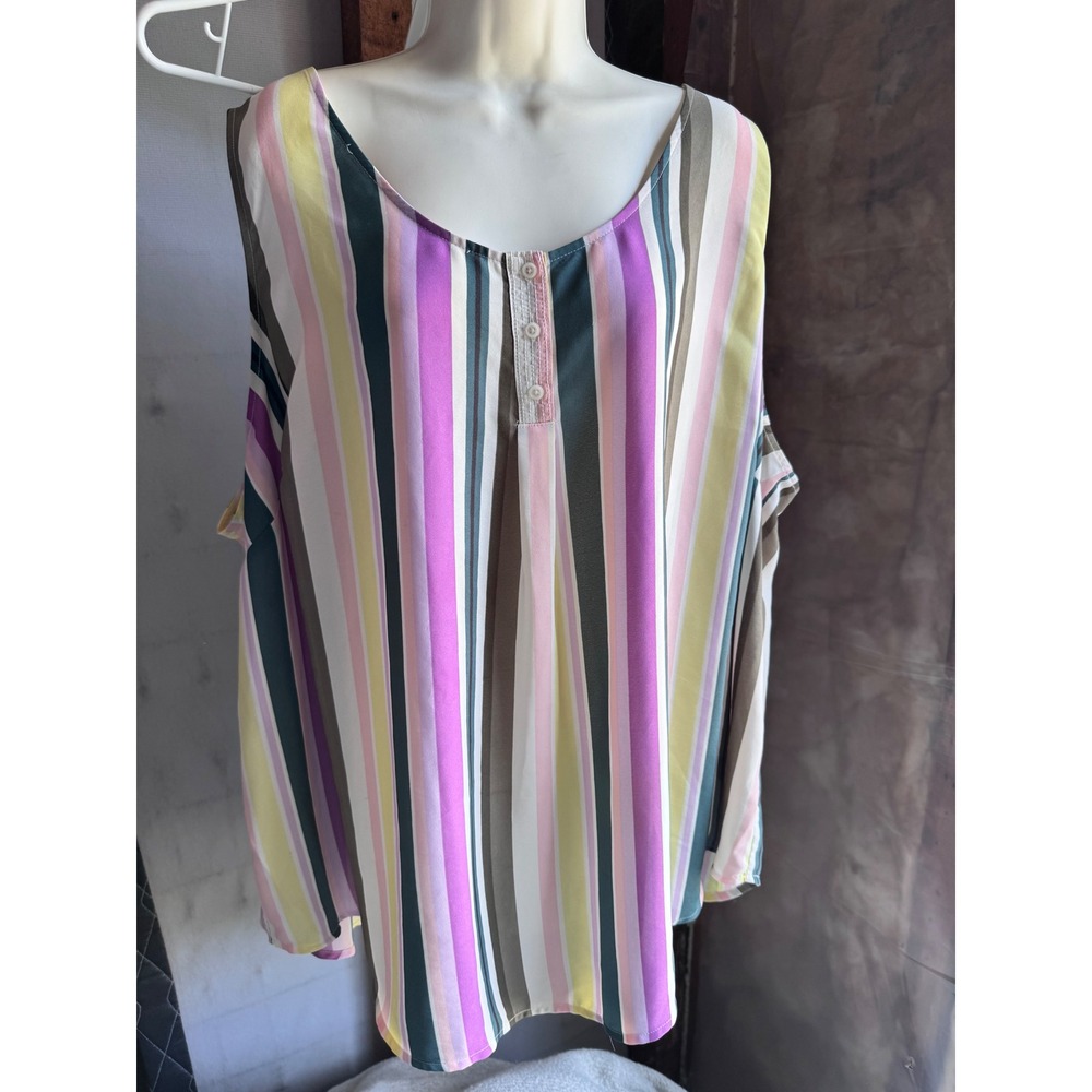 EVRI Womens 3X Sleeveless Striped Blouse Purple Pink Yellow Henley Tank Top